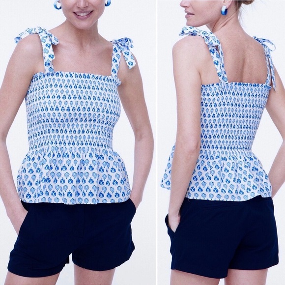 J. Crew Smocked Tie-Shoulder Tank Top, Blue and White, Size XS - Picture 1 of 16